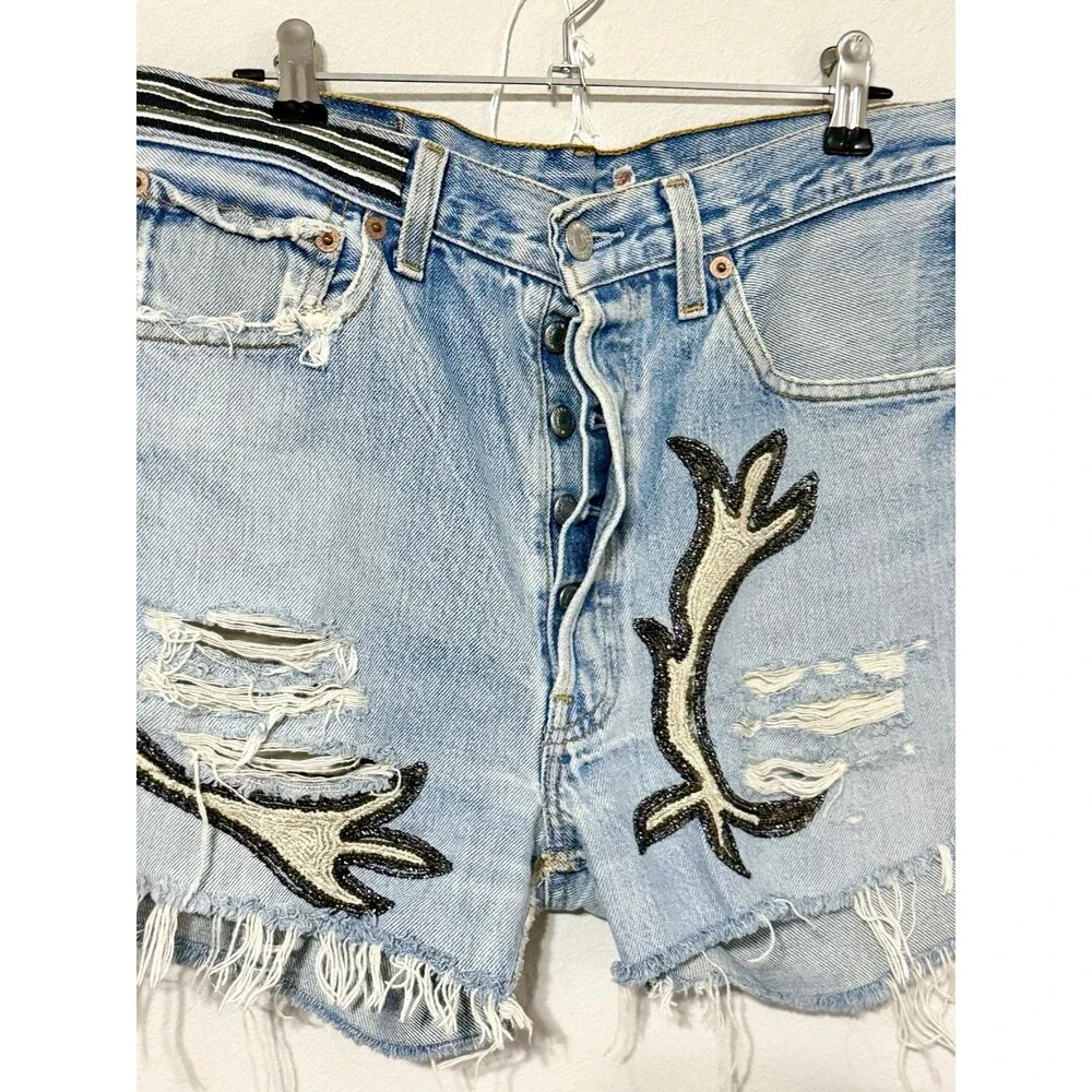 Vtg Levis 501 Cutoff Short Reworked History Repeats Custom Antler Beadwork Sz 34
